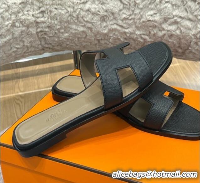 Good Quality Hermes Orang Palm-Grained Leather Classic Flat Slide Sandals Black 071948