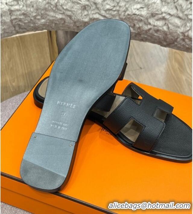 Good Quality Hermes Orang Palm-Grained Leather Classic Flat Slide Sandals Black 071948