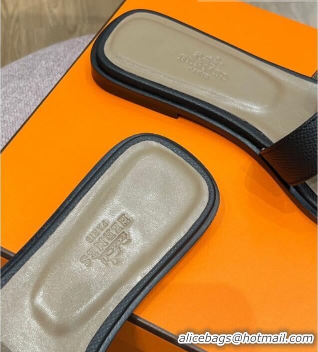 Good Quality Hermes Orang Palm-Grained Leather Classic Flat Slide Sandals Black 071948