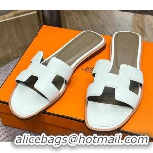 Low Price Hermes Orang Palm-Grained Leather Classic Flat Slide Sandals White 071949