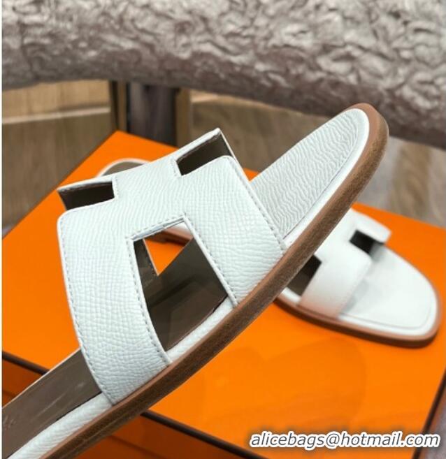 Low Price Hermes Orang Palm-Grained Leather Classic Flat Slide Sandals White 071949