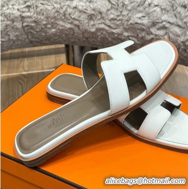 Low Price Hermes Orang Palm-Grained Leather Classic Flat Slide Sandals White 071949