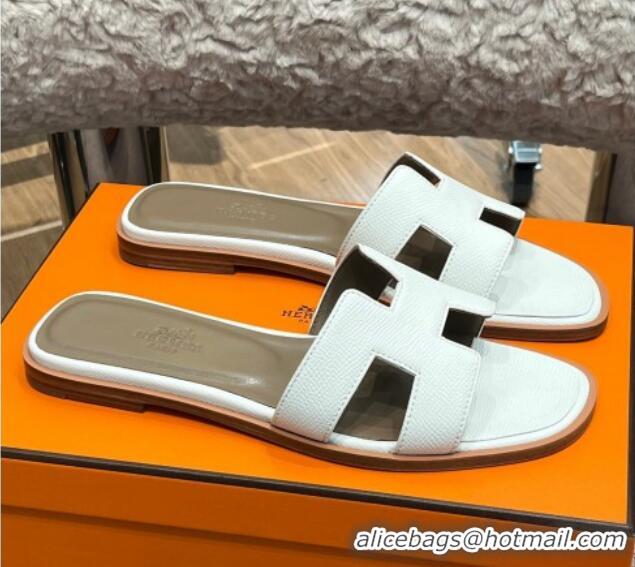 Low Price Hermes Orang Palm-Grained Leather Classic Flat Slide Sandals White 071949