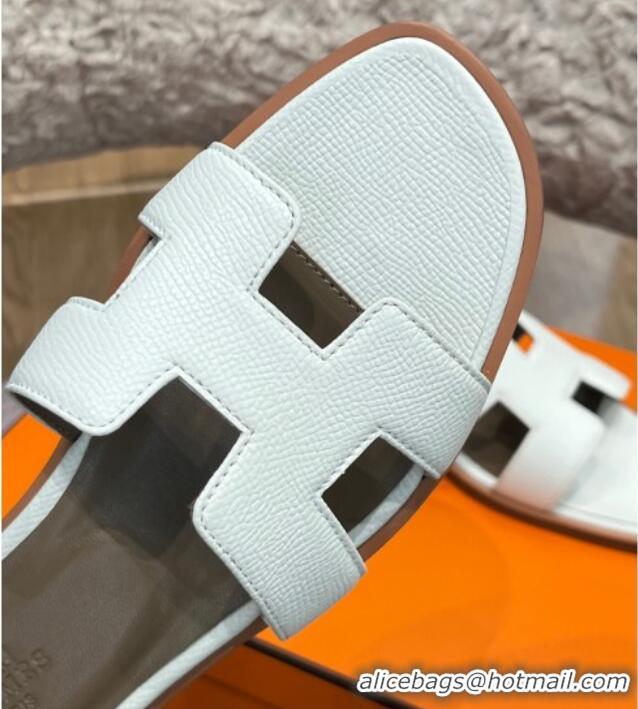 Low Price Hermes Orang Palm-Grained Leather Classic Flat Slide Sandals White 071949