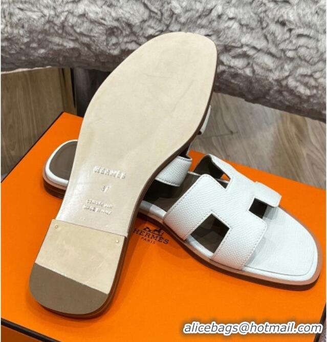 Low Price Hermes Orang Palm-Grained Leather Classic Flat Slide Sandals White 071949