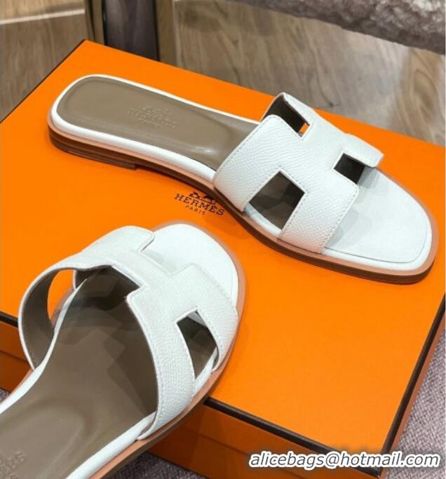 Low Price Hermes Orang Palm-Grained Leather Classic Flat Slide Sandals White 071949