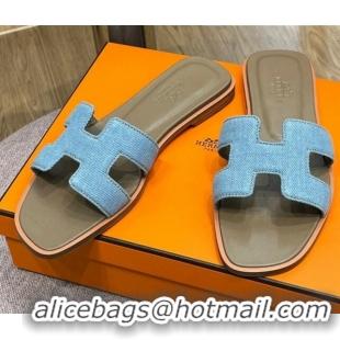 Best Grade Hermes Orang Denim Classic Flat Slide Sandals Blue 071950