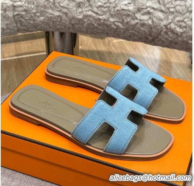 Best Grade Hermes Orang Denim Classic Flat Slide Sandals Blue 071950