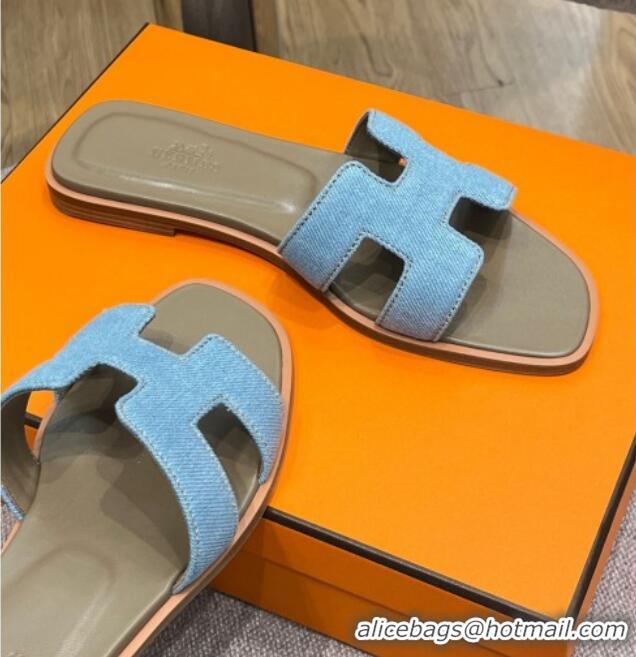 Best Grade Hermes Orang Denim Classic Flat Slide Sandals Blue 071950