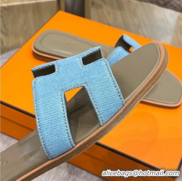 Best Grade Hermes Orang Denim Classic Flat Slide Sandals Blue 071950