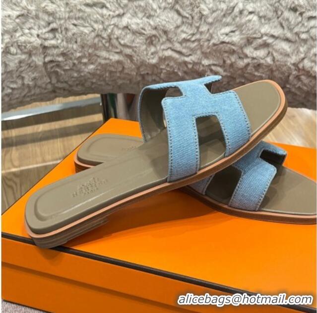 Best Grade Hermes Orang Denim Classic Flat Slide Sandals Blue 071950