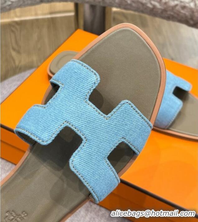 Best Grade Hermes Orang Denim Classic Flat Slide Sandals Blue 071950