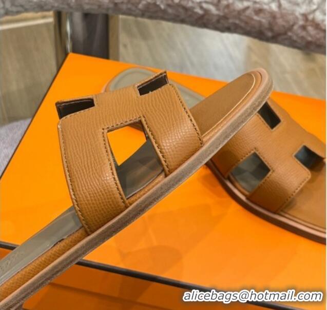 Trendy Design Hermes Orang Palm-Grained Leather Classic Flat Slide Sandals Brown 071951