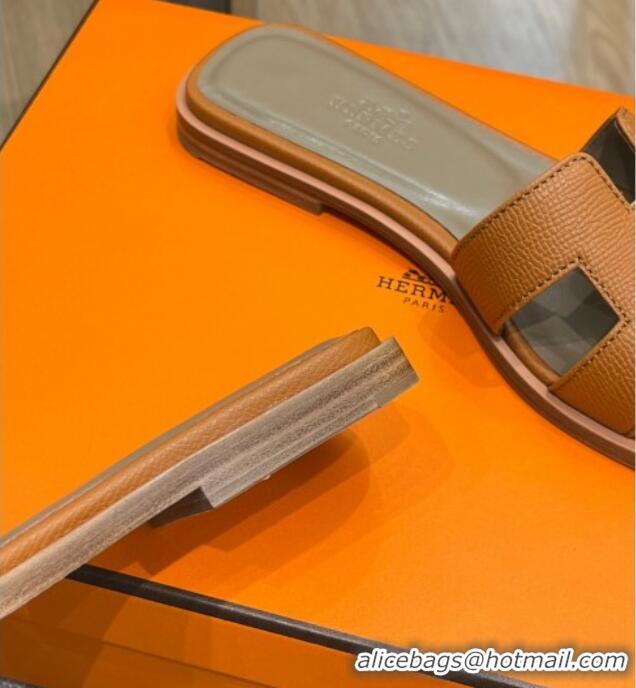 Trendy Design Hermes Orang Palm-Grained Leather Classic Flat Slide Sandals Brown 071951