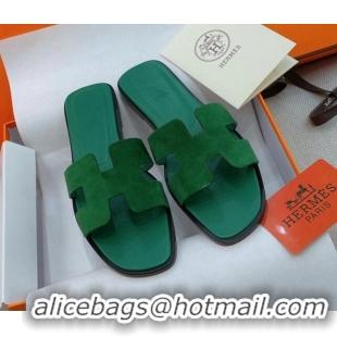 Classic Hot Hermes Orang Suede Classic Flat Slide Sandals Green 071952