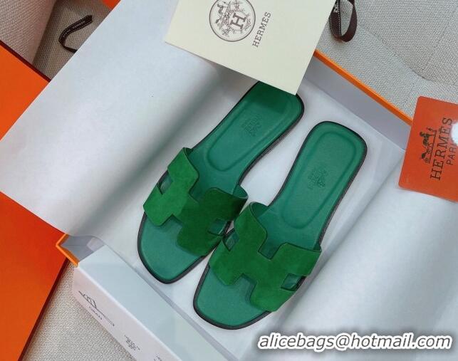 Classic Hot Hermes Orang Suede Classic Flat Slide Sandals Green 071952