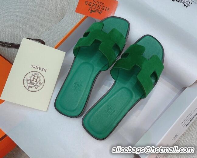 Classic Hot Hermes Orang Suede Classic Flat Slide Sandals Green 071952