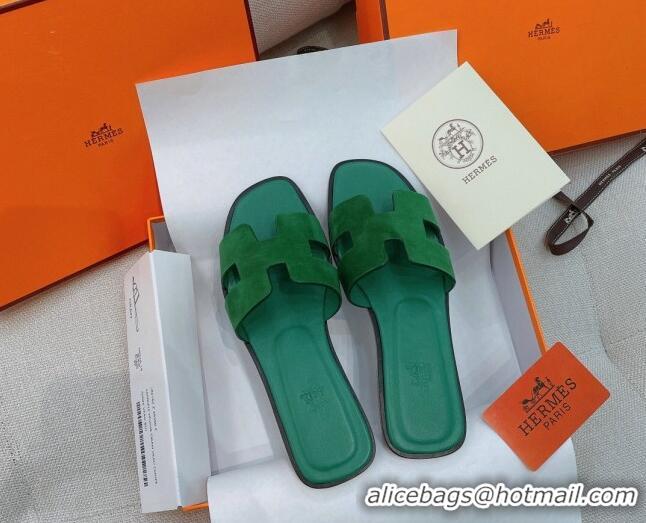 Classic Hot Hermes Orang Suede Classic Flat Slide Sandals Green 071952