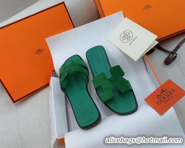 Classic Hot Hermes Orang Suede Classic Flat Slide Sandals Green 071952