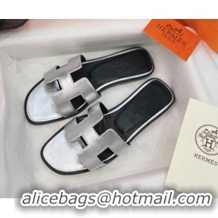 Discount Hermes Orang Leather Classic Flat Slide Sandals Silver/Black 071953