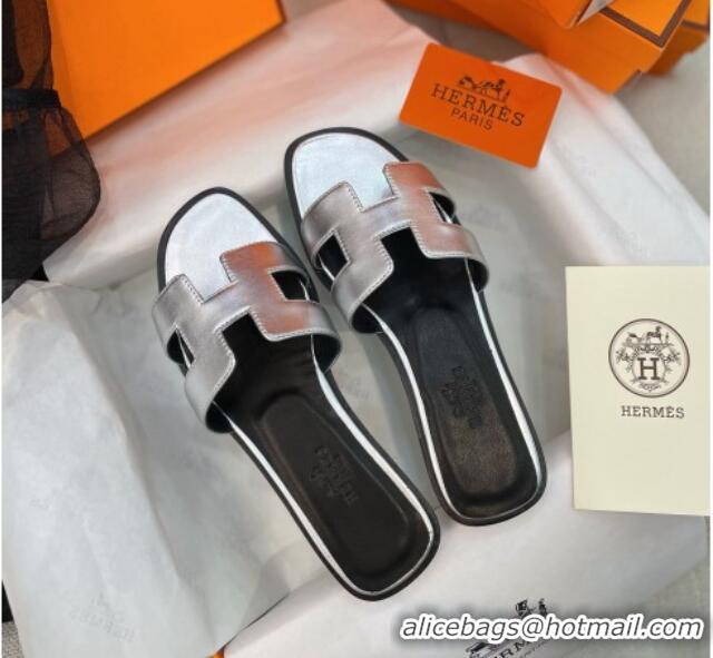 Discount Hermes Orang Leather Classic Flat Slide Sandals Silver/Black 071953