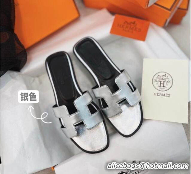 Discount Hermes Orang Leather Classic Flat Slide Sandals Silver/Black 071953