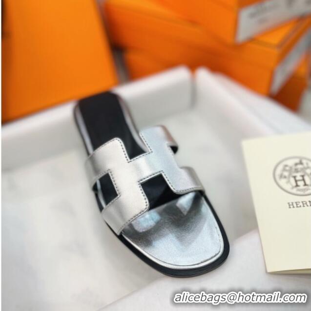 Discount Hermes Orang Leather Classic Flat Slide Sandals Silver/Black 071953