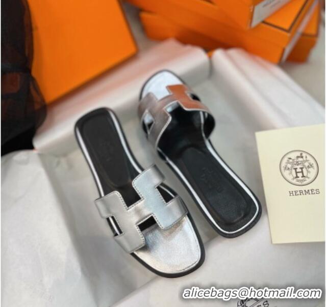 Discount Hermes Orang Leather Classic Flat Slide Sandals Silver/Black 071953