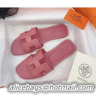 Discount Hermes Orang Smooth Leather Classic Flat Slide Sandals Light Pink 071954