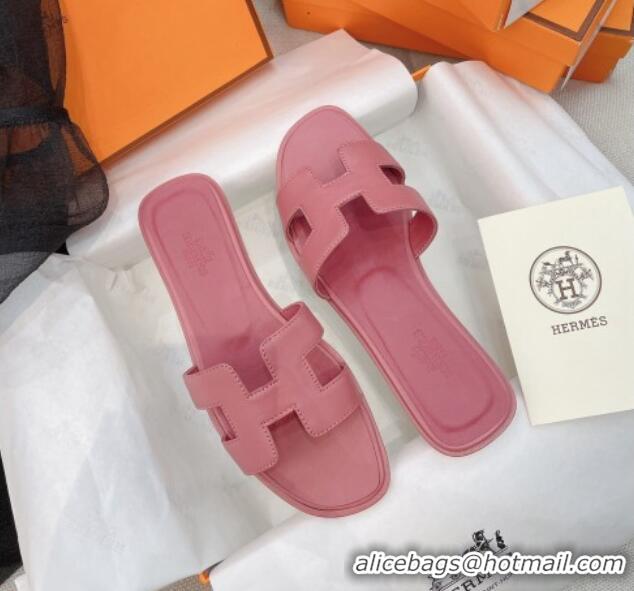 Discount Hermes Orang Smooth Leather Classic Flat Slide Sandals Light Pink 071954