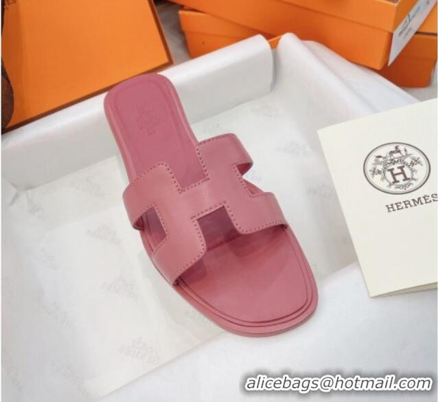 Discount Hermes Orang Smooth Leather Classic Flat Slide Sandals Light Pink 071954