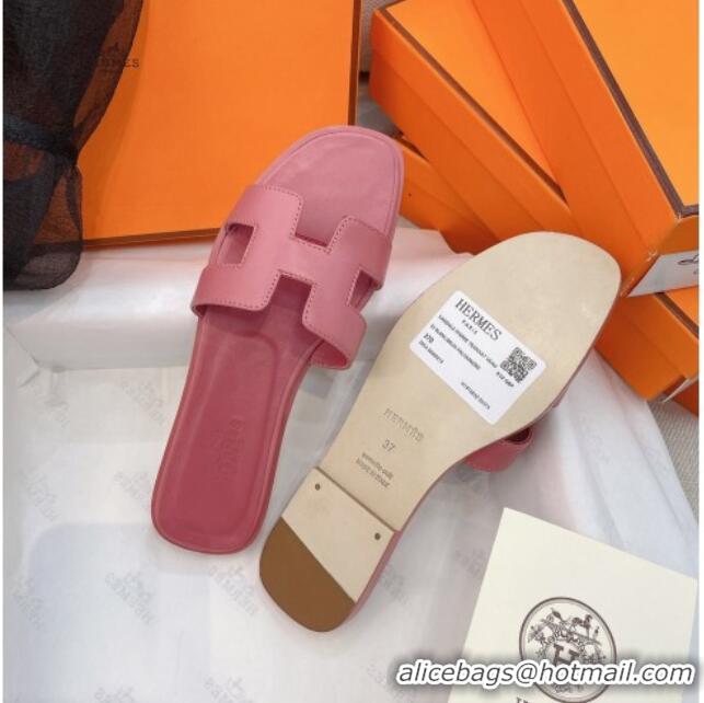 Discount Hermes Orang Smooth Leather Classic Flat Slide Sandals Light Pink 071954