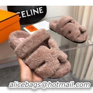 Pretty Style Hermes Chypre Teddy Fur Flat Sandals Camel Brown 071955