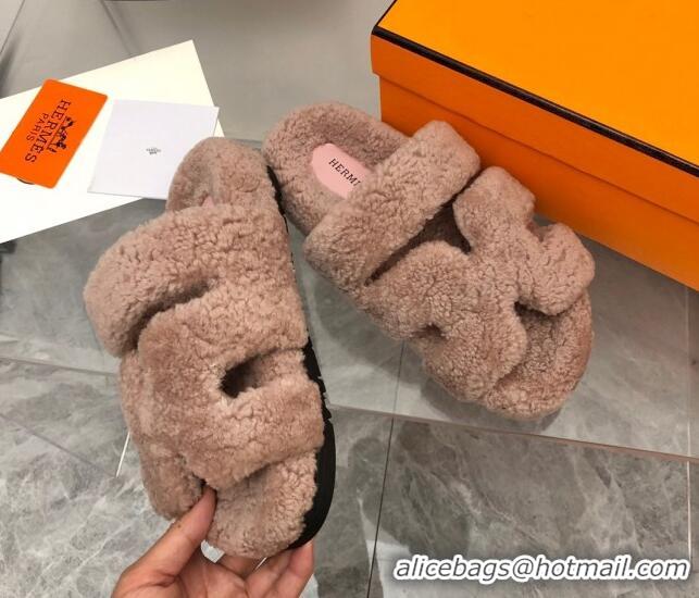 Pretty Style Hermes Chypre Teddy Fur Flat Sandals Camel Brown 071955