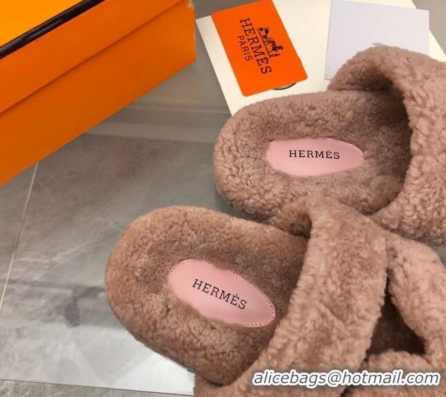 Pretty Style Hermes Chypre Teddy Fur Flat Sandals Camel Brown 071955