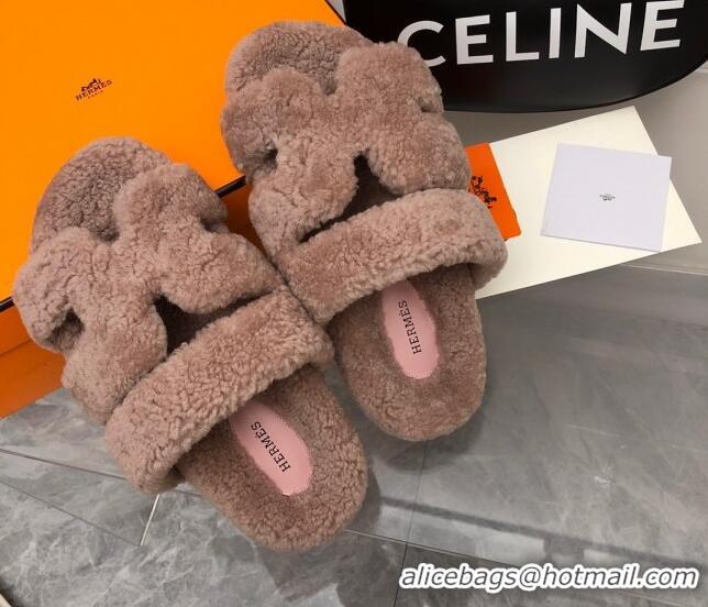 Pretty Style Hermes Chypre Teddy Fur Flat Sandals Camel Brown 071955