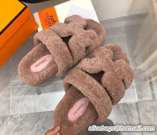 Pretty Style Hermes Chypre Teddy Fur Flat Sandals Camel Brown 071955