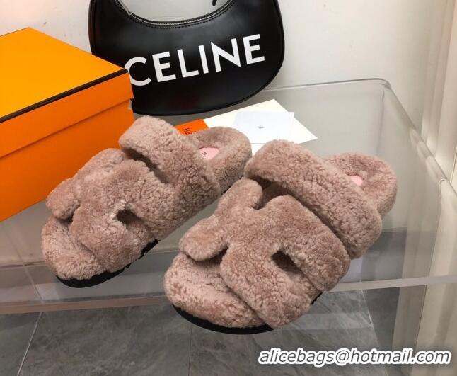 Pretty Style Hermes Chypre Teddy Fur Flat Sandals Camel Brown 071955