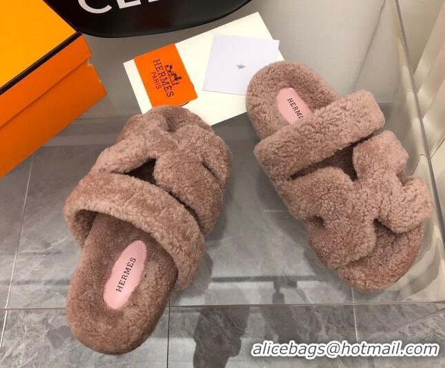 Pretty Style Hermes Chypre Teddy Fur Flat Sandals Camel Brown 071955