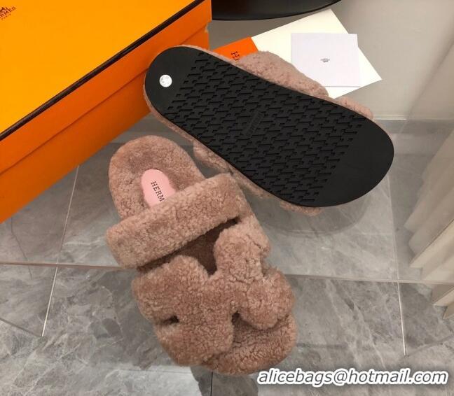 Pretty Style Hermes Chypre Teddy Fur Flat Sandals Camel Brown 071955