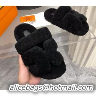 Fashion Luxury Hermes Chypre Teddy Fur Flat Sandals Black 071957