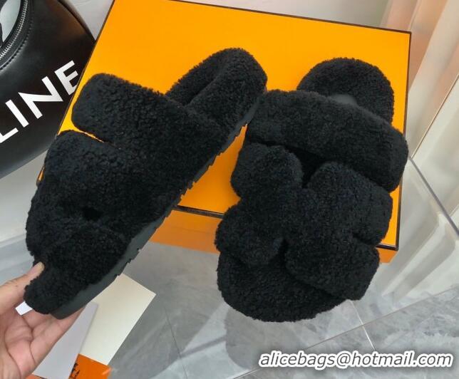 Fashion Luxury Hermes Chypre Teddy Fur Flat Sandals Black 071957