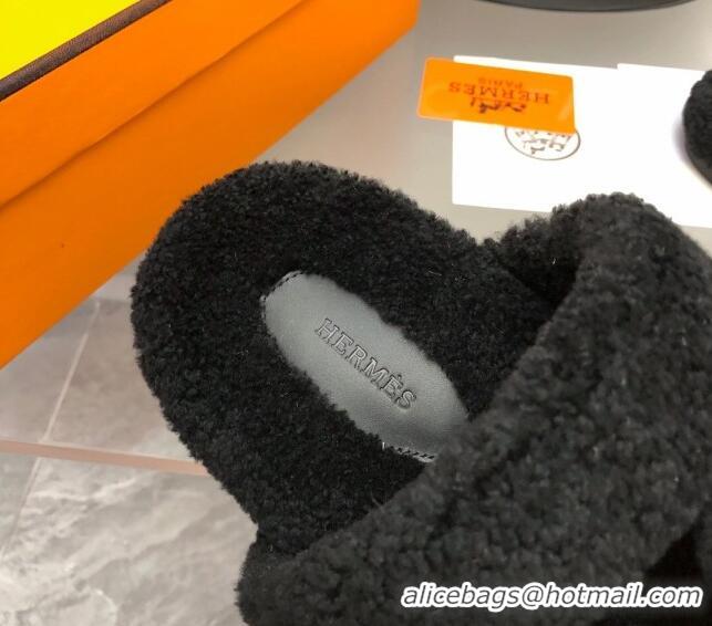 Fashion Luxury Hermes Chypre Teddy Fur Flat Sandals Black 071957