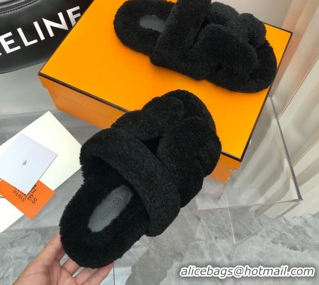 Fashion Luxury Hermes Chypre Teddy Fur Flat Sandals Black 071957