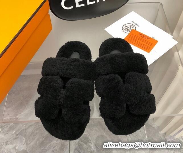 Fashion Luxury Hermes Chypre Teddy Fur Flat Sandals Black 071957