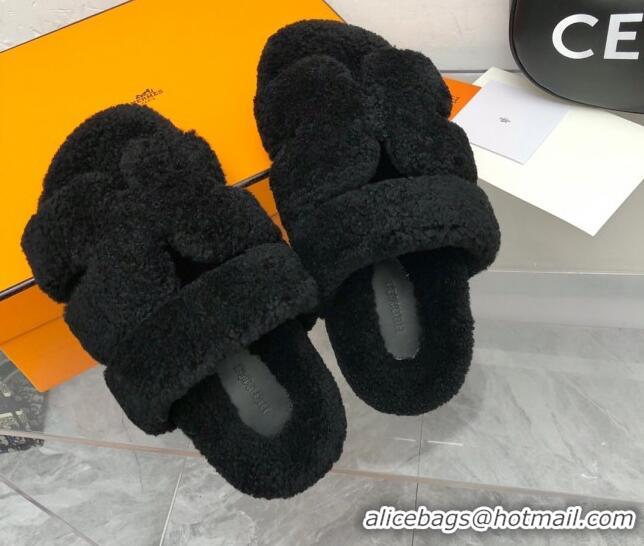 Fashion Luxury Hermes Chypre Teddy Fur Flat Sandals Black 071957