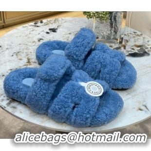 Perfect Hermes Chypre Teddy Fur Flat Sandals Blue 071958