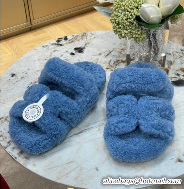 Perfect Hermes Chypre Teddy Fur Flat Sandals Blue 071958