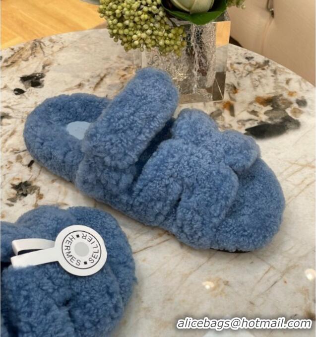 Perfect Hermes Chypre Teddy Fur Flat Sandals Blue 071958