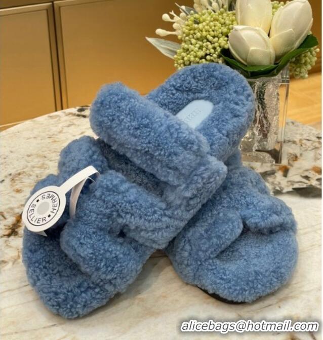 Perfect Hermes Chypre Teddy Fur Flat Sandals Blue 071958